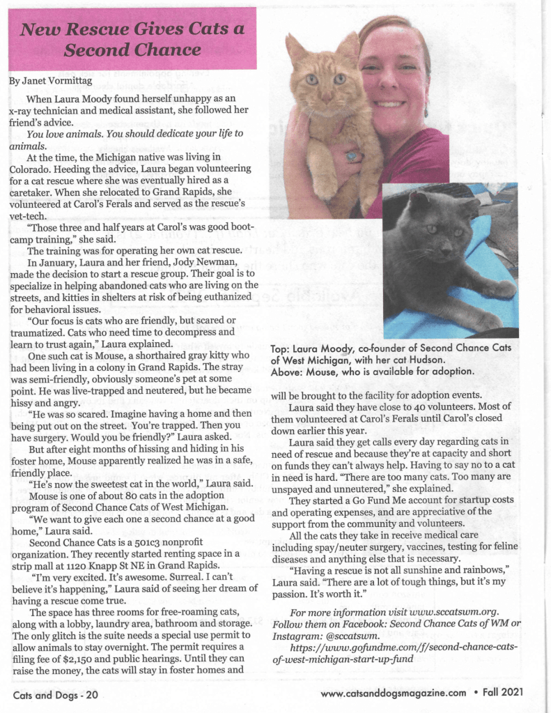 New rescue gives cats a second chance. Article from Cats and Dogs Magazine Fall 2021