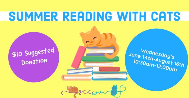 A cozy summer scene featuring children and adults reading books while cats lounge nearby, highlighting the relaxed and engaging atmosphere of the 'Summer Reading with Cats' event at Second Chance Cats