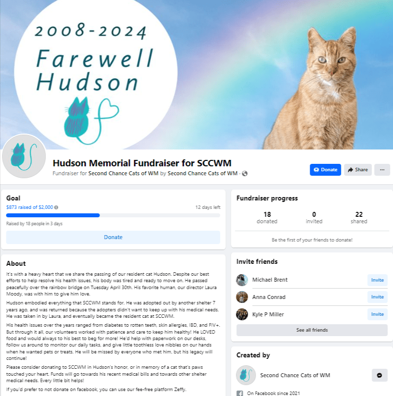 Hudson Fundraiser cat mascot of Second Chance Cats