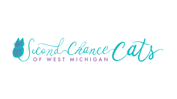 A stylized turquoise cat silhouette curled into a tail‑shaped ‘S’ next to flowing, script‑style text reading ‘Second Chance’ in turquoise; underneath, in purple uppercase sans‑serif font, ‘OF WEST MICHIGAN’; to the right, larger turquoise cursive ‘Cats’.