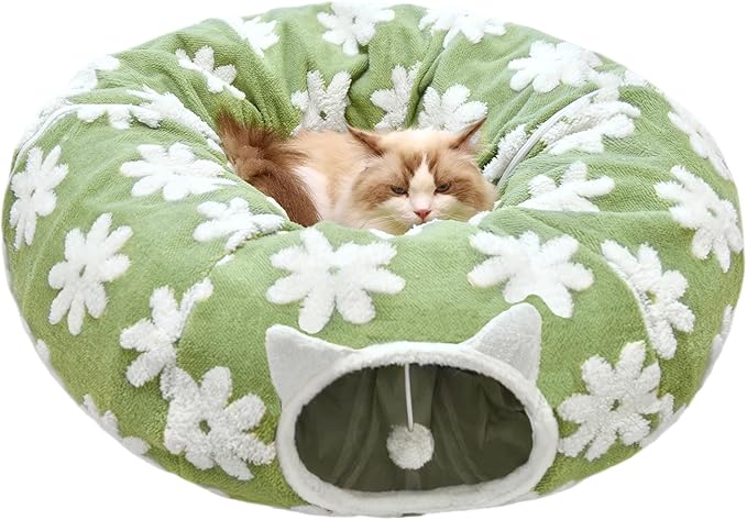 Cat Tunnel Bed for Indoor Cats, Soft Plush Donut Peekaboo Cat Cave, Multifunctional Playground Toy for Small Medium Large Cats, Kittens, Rabbits, Ferrets, with Washable Cushion(Green) cat gifts
