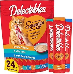 Delectables Squeeze Up Variety Pack, Creamy Squeezable Puree, Lickable Wet Cat Treats, Grain Free, No Added Fillers, No By-Products, No Added Preservatives, 0.5 Ounces Tube, 24 Tubes Total