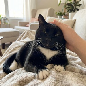 Content black and white cat with relaxed expression being gently petted by owner on soft blanket showing trust and affection through kneading behavior