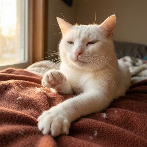 White and orange cat making biscuits on brown blanket in sunny window demonstrating kneading behavior