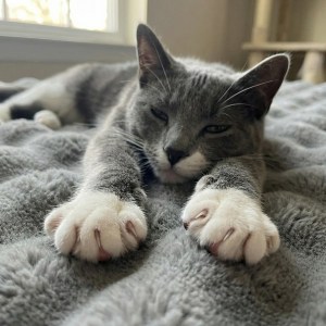 Gray cat with relaxed expression kneading soft gray blanket with extended paws showing pink paw pads demonstrating making biscuits behavior