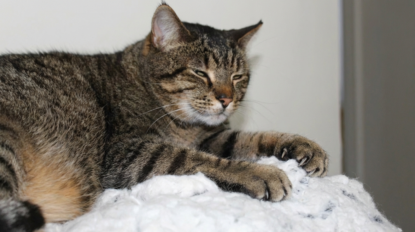 a cat makes biscuits on the back of a couch