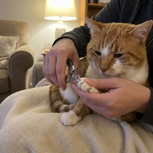 Person gently trimming relaxed tabby cat's nails with clippers on lap to manage sharp claws during kneading sessions