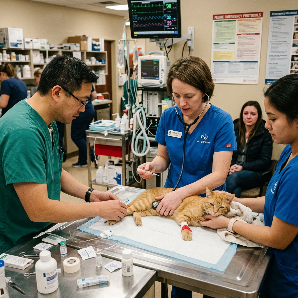 Veterinarians examining an orange tabby cat on a metal table in a veterinary clinic