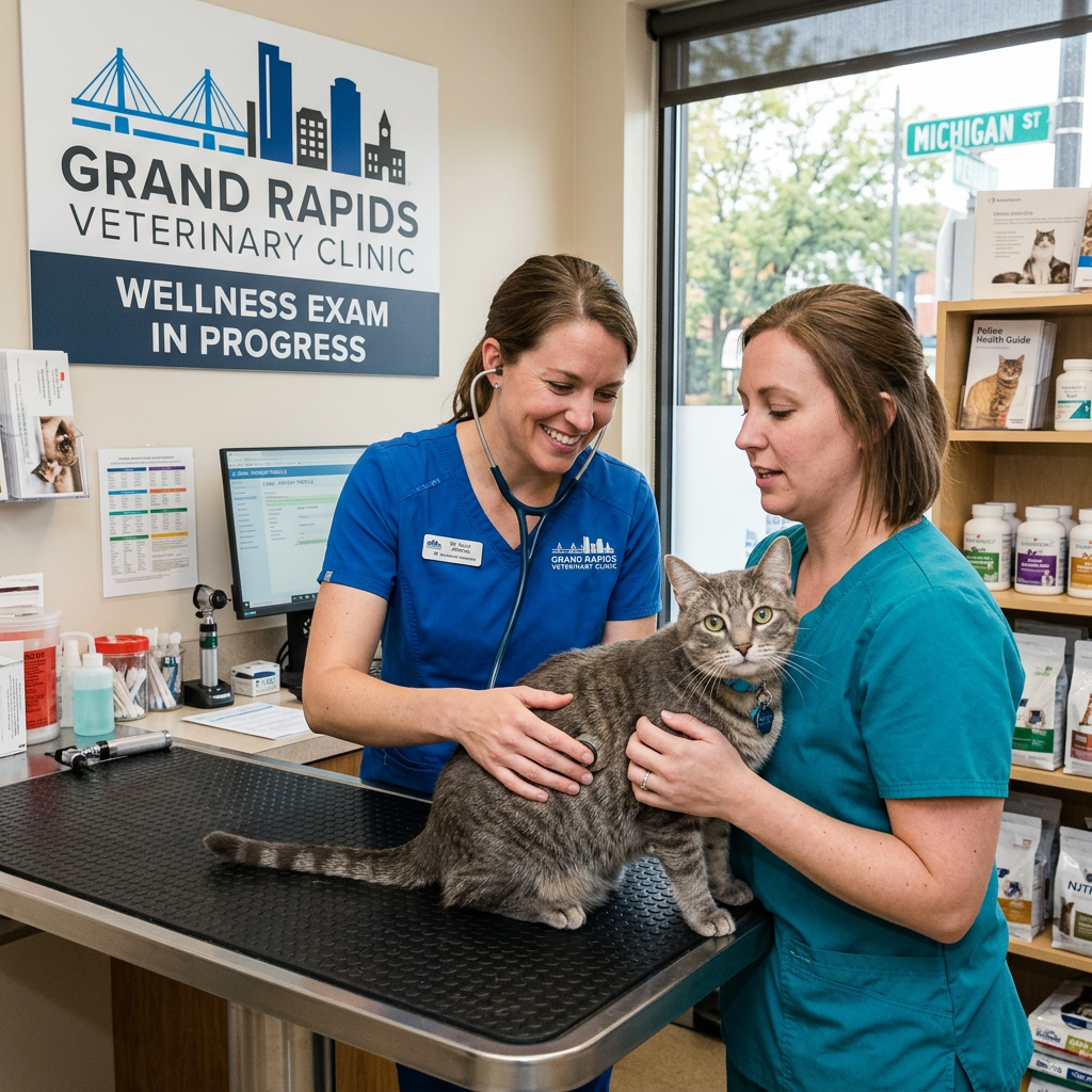 Two veterinary professionals performing a wellness exam on a gray tabby cat on an exam table