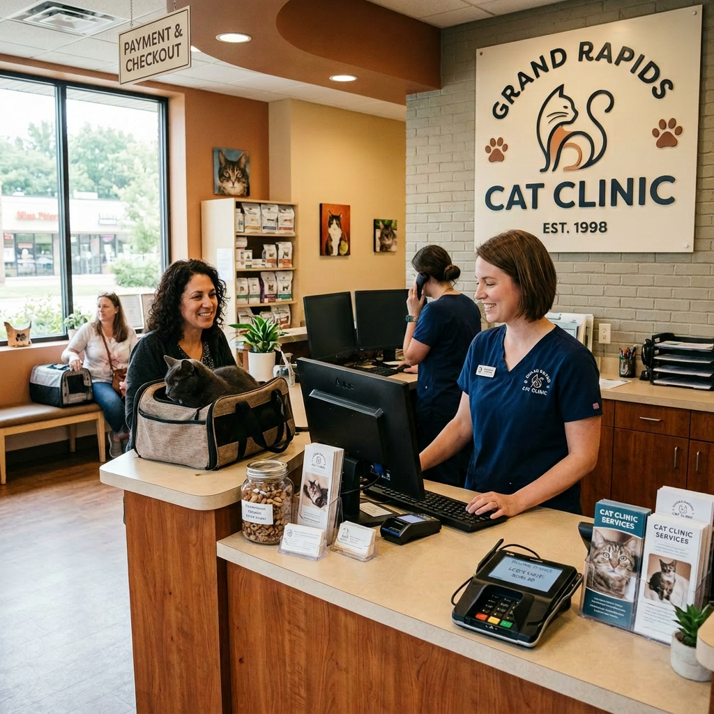 Receptionist helping customer with cat in carrier at veterinary clinic